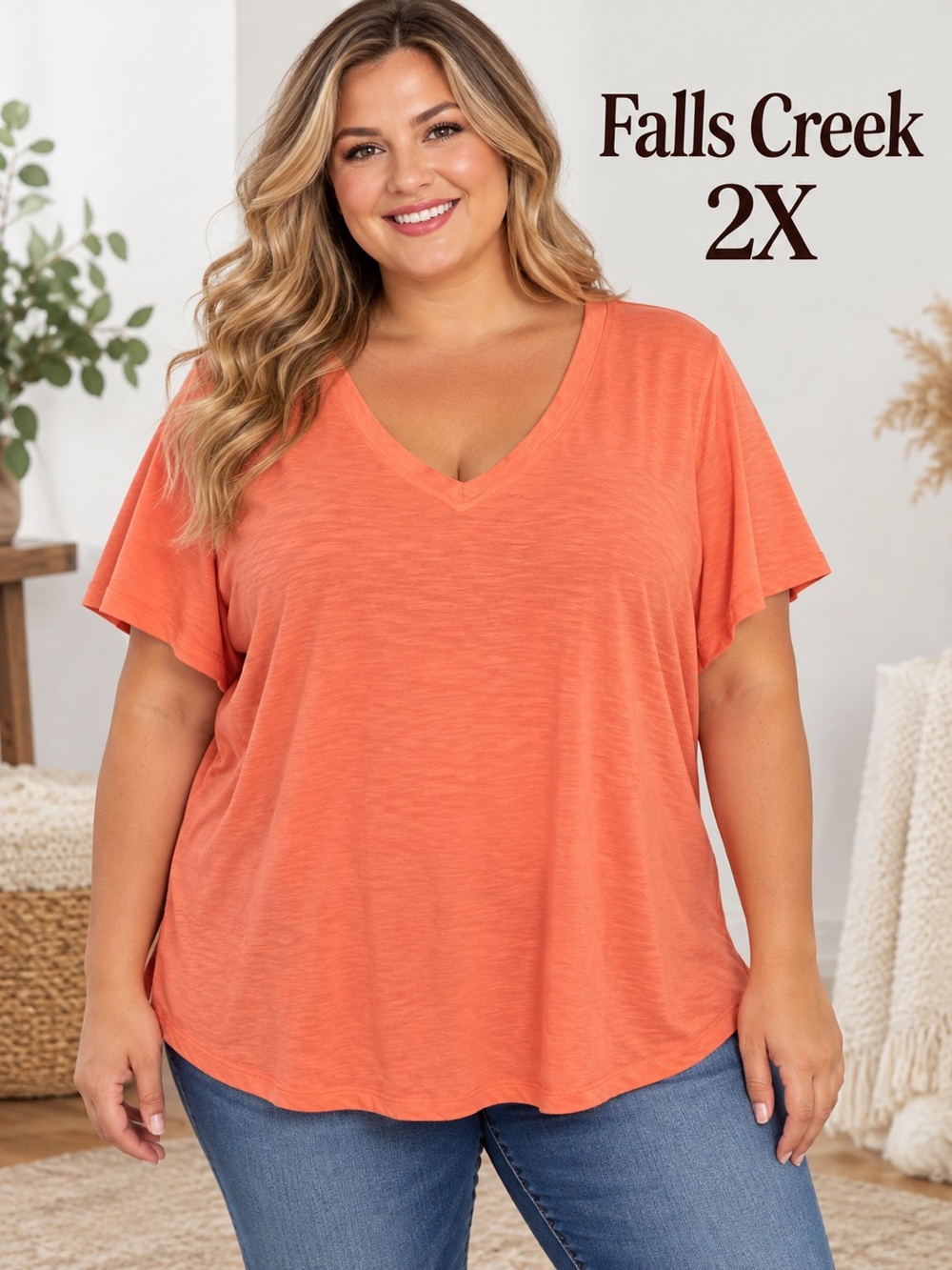 Falls Creek 2X Coral Orange V-Neck Slub Knit Relaxed Plus Size Tee